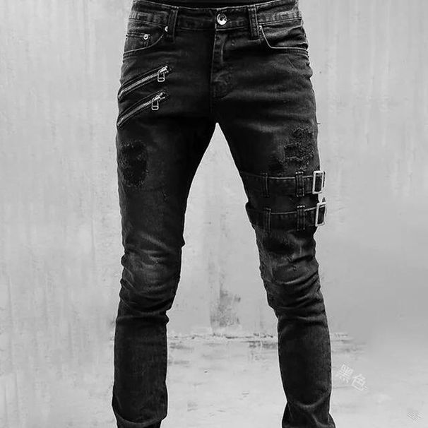 Motorcycle Style Trendy Stretch Skinny Jeans_mkmklike.com