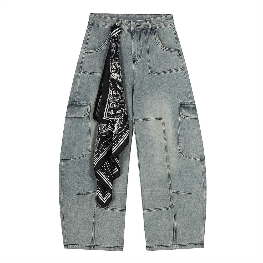 Washed Vintage Denim Scimitar Men's Multi-Pocket Cargo Long Pants Heavy Industry Deconstructed Scarf Tie Design Trendy_mkmklike.com