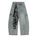 Washed Vintage Denim Scimitar Men's Multi-Pocket Cargo Long Pants Heavy Industry Deconstructed Scarf Tie Design Trendy_mkmklike.com