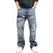 Unisex Distressed Patchwork Denim Jeans Relaxed Straight Leg Vintage Washed High Street Fashion_mkmklike.com