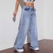"Distressed Patchwork Denim Jeans For Women – High Waisted Wide Leg Floor-Length Pants (Peacock Blue, Sizes S-XL)"_mkmklike.com