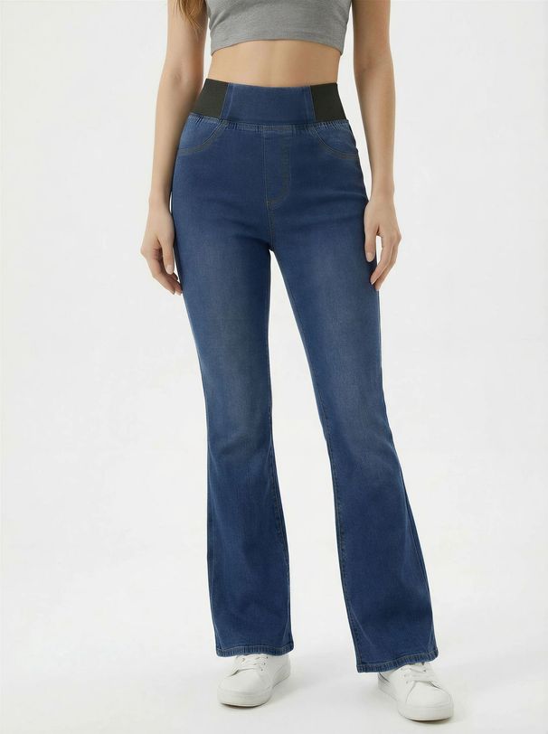 Cross-border Foreign Trade Women's Flared Knit Jeans, Comfortable Highly Elastic With Pockets, European And American_mkmklike.com