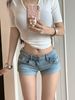 Light Blue Washed Low Rise Stretch Denim Shorts for Women Slimming Fit Super Stylish Bodycon Rolled up Hem Perfect for Summer_mkmklike.com