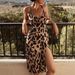Women's leopard print V-neck high waist slit ladies dress hot sale women's clothing_mkmklike.com