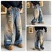 Men's Distressed Straight Leg Jeans With Star Rhinestones - Vintage Washed Loose Fit Wide Leg Pants For Casual Streetwear_mkmklike.com
