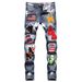 Men's Streetwear Hand-Painted Denim Jeans – Distressed White Wash With Embroidered Patches & Stretch Fit (28-42)_mkmklike.com