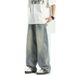 American Curved Knife Jeans Men's Trendy Washed Straight Casual Loose Wide Leg Long Pants Cleanfit_mkmklike.com