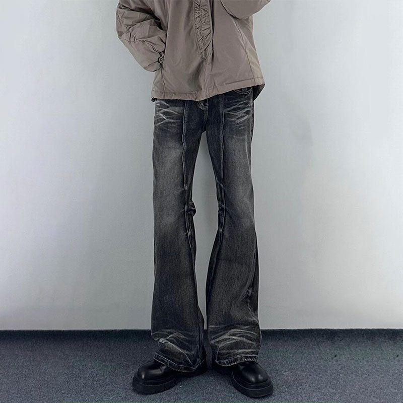 "Vintage Washed Distressed Jeans For Men - Relaxed Fit Straight To Slightly Flared High Street Denim Pants With Artisan Rips, Retro 90s Aesthetic"_mkmklike.com