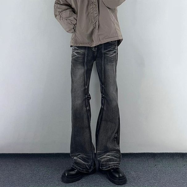 "Vintage Washed Distressed Jeans For Men - Relaxed Fit Straight To Slightly Flared High Street Denim Pants With Artisan Rips, Retro 90s Aesthetic"_mkmklike.com