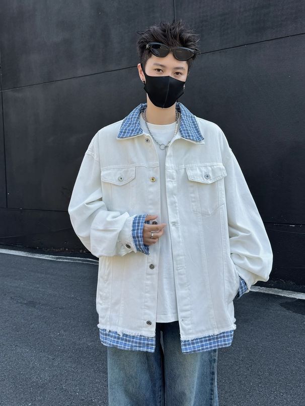 Retro Checkered Patchwork Denim Jacket With A Loose Design For Couples_mkmklike.com