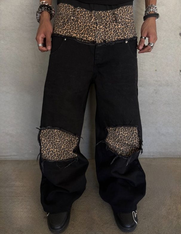 Men's Retro Leopard Print Patchwork Fake Two-Piece Jeans High Street Hip Hop Loose High Waist Wide Leg Casual Pants_mkmklike.com