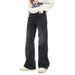 American Style Cleanfit Washed Black Distressed High Waisted Straight Leg Trendy Floor Hugging Jeans For Men And Women_mkmklike.com