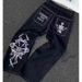 Trendy Skull Head Embroidered Cotton Casual Pants Men's Straight Leg Workwear Trousers Street Style Loose Fit Long Jeans_mkmklike.com