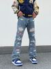 Hip Hop Patch Ripped Jeans Men's High Street Trend Embroidery Wide Straight Leg Loose Flared Pants Men_mkmklike.com
