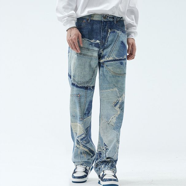 Unique Patchwork Washed Jeans For Men American High Street Trendy Brand Straight Loose Design Deconstructed Long Pants_mkmklike.com