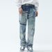 Unique Patchwork Washed Jeans For Men American High Street Trendy Brand Straight Loose Design Deconstructed Long Pants_mkmklike.com