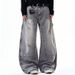 Unisex High Waist Vintage Washed Straight-Leg Jeans Relaxed Fit Distressed Details Grey S-3XL Men's Clothing Denim_mkmklike.com