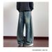"Men's Vintage Blue American Loose Fit Jeans – High Street Washed & Distressed Straight Leg Pants For Casual & Streetwear"_mkmklike.com