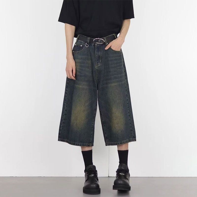 "Vintage Washed Cropped Wide Leg Jeans For Women & Men - Retro Relaxed Straight Cut Denim Mid-Length Shorts With Distressed Details"_mkmklike.com