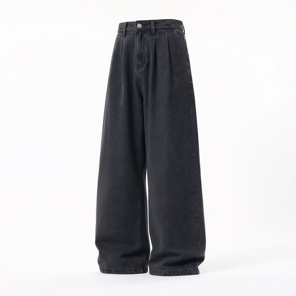Men's Washed Vintage Straight Jeans – Relaxed Fit Denim Pants With Button Fly (Black/Blue Wash) Button-Fly Heritage_mkmklike.com