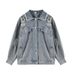 Women's Blue Denim Jacket - Vintage Workwear Style With Princess Touch, Casual Long Sleeve U-Neck Coat For Spring & Autumn_mkmklike.com