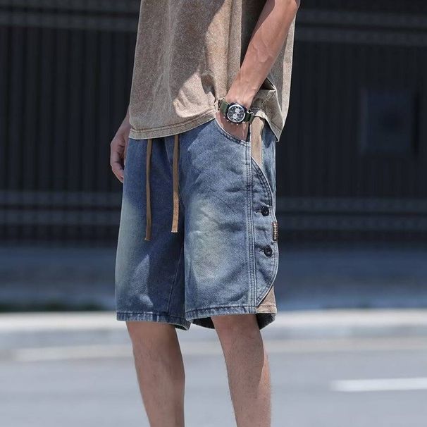 Vintage Heavyweight Denim Shorts For Men - Summer Streetwear Relaxed Fit Patchwork Cargo Shorts_mkmklike.com