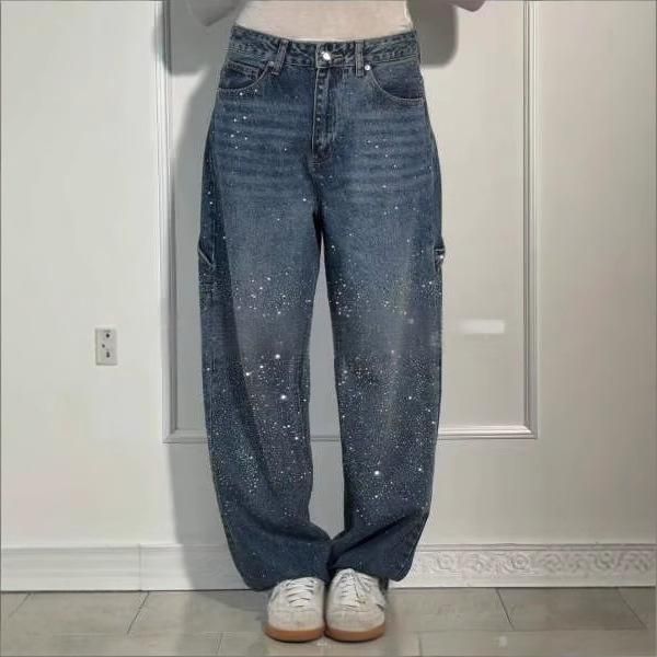 Loose Fit Rhinestone Harem Jeans For Women – Lightweight Polyester Casual Pants, High Waist & Comfortable (Multi-Color, XS-4XL)_mkmklike.com