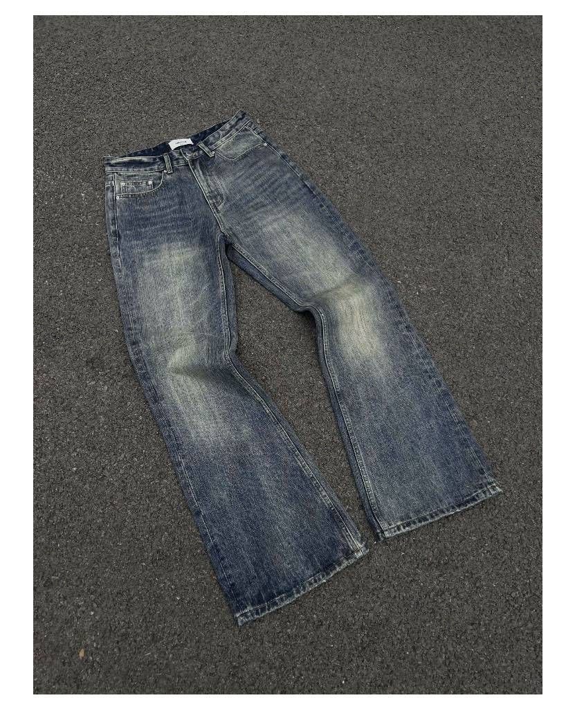Men's Clothing Festival Sunset Blur Dyeing Washed Distressed Legs Bootcut Flared Loose Jeans_mkmklike.com
