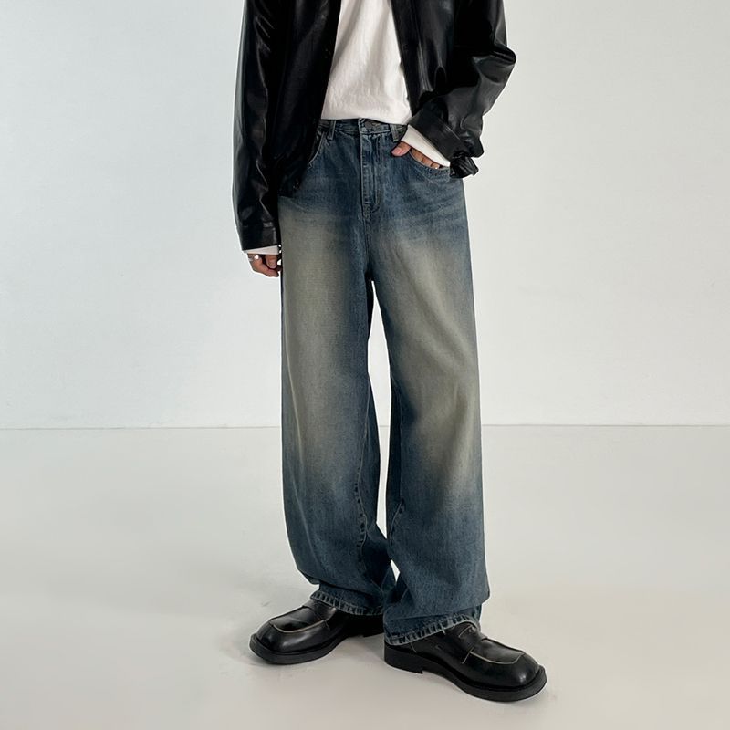 Men's Korean Style Loose Fit Straight Leg Jeans Trendy High Street Pants Versatile Retro Wide Leg Trousers For Spring_mkmklike.com
