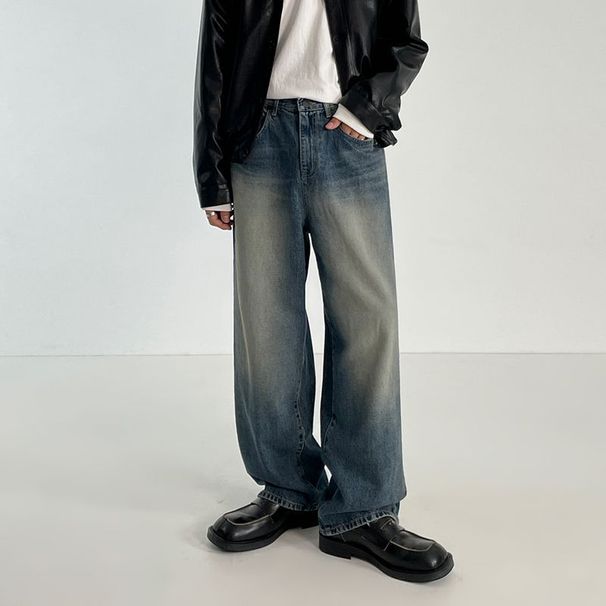 Men's Korean Style Loose Fit Straight Leg Jeans Trendy High Street Pants Versatile Retro Wide Leg Trousers For Spring_mkmklike.com