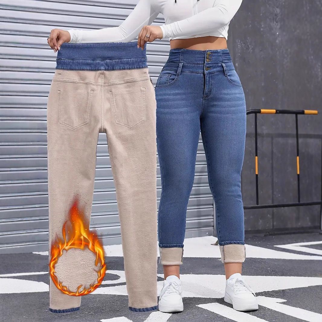 Women's High-Waist Fleece-Lined Skinny Jeans - Stretchy Winter Denim Pants With Thermal Comfort, Slim Fit For All Body Types (Blue/Black, S-XXL)_mkmklike.com