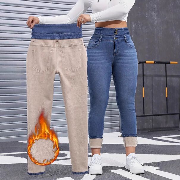 Women's High-Waist Fleece-Lined Skinny Jeans - Stretchy Winter Denim Pants With Thermal Comfort, Slim Fit For All Body Types (Blue/Black, S-XXL)_mkmklike.com