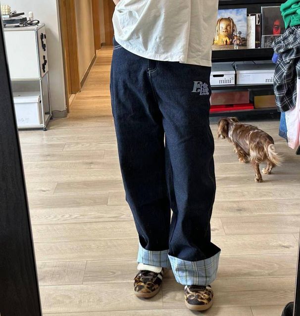 Men's Plaid Patchwork Rolled Hem Jeans - Relaxed Fit Straight Leg Trousers For Casual & Streetwear_mkmklike.com