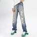 Men's American High Street Style Washed Distressed Patched Jeans Loose Straight Leg Flared Trousers Casual Trendy Midweight Cotton_mkmklike.com