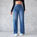 Women's Clothing Temperament Non elastic Straight Wide leg Jeans Women_mkmklike.com