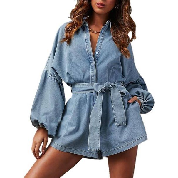 Women's Casual Denim Romper Belted Lantern Sleeve Jean Jumpsuits With Pockets_mkmklike.com
