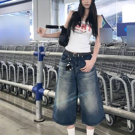 Women's Clothing Vintage Relaxed Wide-Leg Cropped Pants – High-Waisted, Washed Denim & Multi-Pocket Design_mkmklike.com