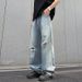 Men's Distressed Jeans High Street Style Washed Light Blue Loose Fitting Wide Leg Floor Length Trousers_mkmklike.com