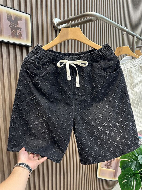 Men's Fashion White Casual Denim Shorts Jacquard Loose Fit 5-Pocket Cargo Summer Streetwear_mkmklike.com