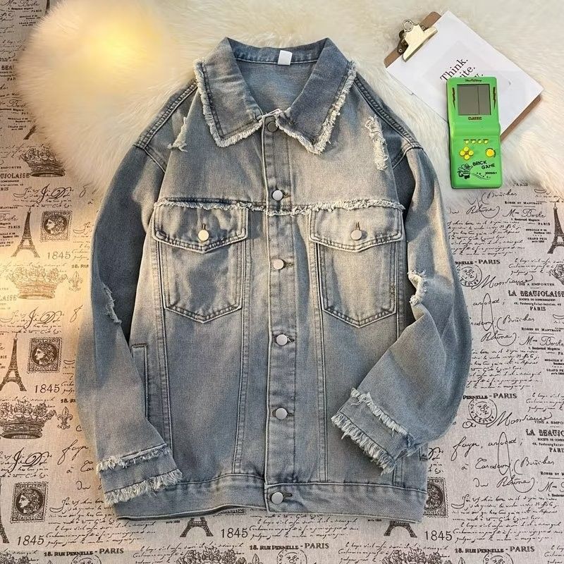 Men's Casual Denim Jacket - Vintage Washed Blue Loose Fit Spring Autumn Coat With Multiple Pockets_mkmklike.com