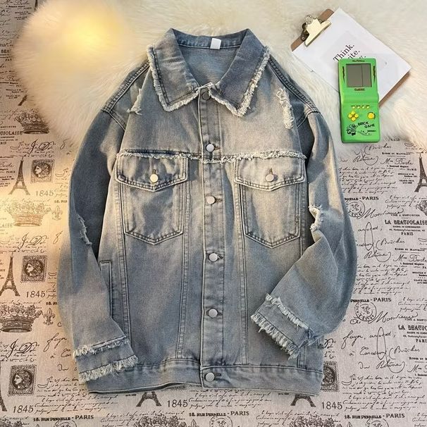 Men's Casual Denim Jacket - Vintage Washed Blue Loose Fit Spring Autumn Coat With Multiple Pockets_mkmklike.com