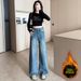 Women's Clothing Versatile Rhinestone Straight Leg Wide Leg Jeans Petite Regular Thickness Polyester Solid Pattern England Style Fashion_mkmklike.com