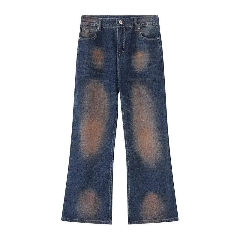 Men's Retro Distressed Washed Jeans High Street Yellow Mud Dyed Floor Length Straight Trousers Loose Fit Casual Preppy Style_mkmklike.com