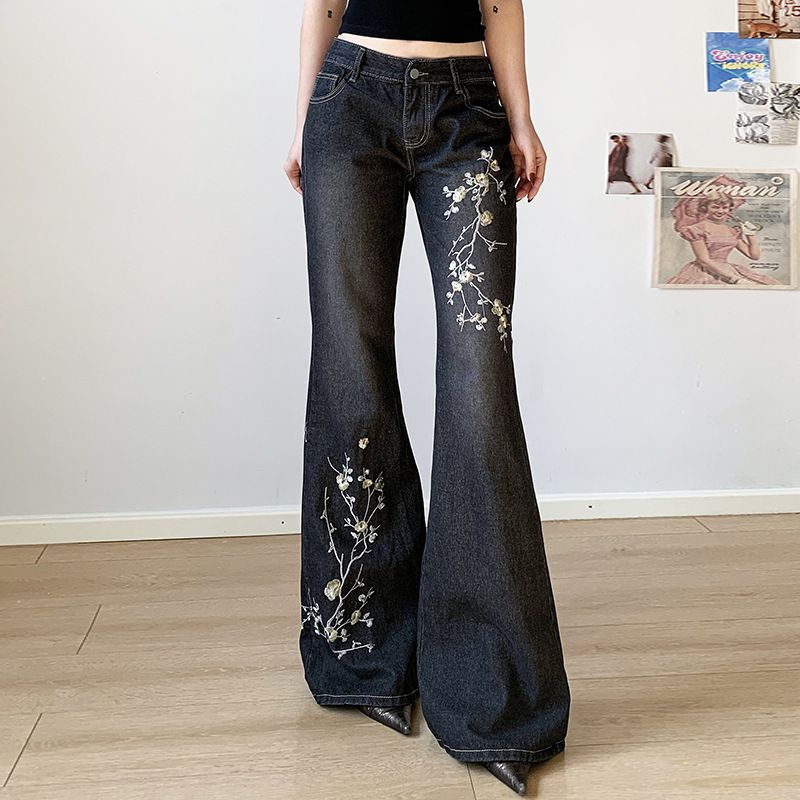 Women's Clothing Vintage American Low-Rise Flared Jeans For Women - Slim Fit, High-Waist, Retro Stretch Denim With Botanical Embroidery_mkmklike.com