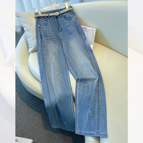 Women's High Waist Rhinestone Embellished Wide Leg Jeans Loose Fit Slimming Straight Leg Drape Autumn/Winter Fashion_mkmklike.com