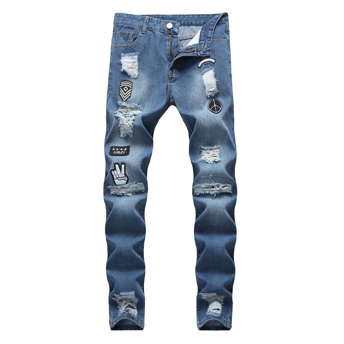 Men's Clothing Slim Fit Zipper Jeans For Men, Trendy Ripped Knees, Slim Fit Ripped Jeans, Men's Jeans_mkmklike.com