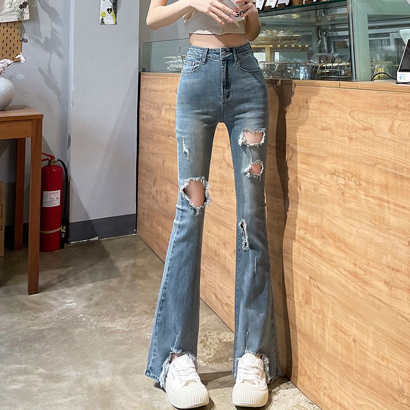 Women's clothing ripped denim bell bottom pants for women spring and summer new elastic small size nine points bell bottom pants trousers_mkmklike.com