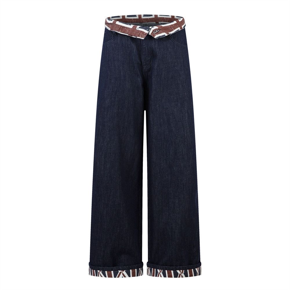 American Street Style Printed Jeans For Men, Niche Design, Color Block, Rolled Hem, Loose Wide-Leg Straight Casual Pants_mkmklike.com
