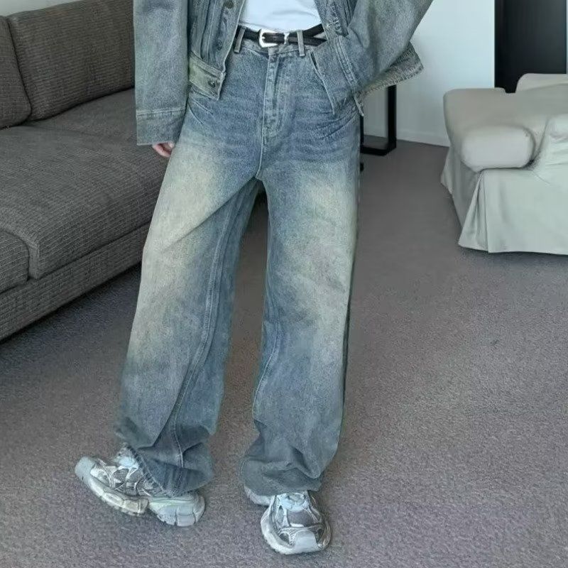 Vintage Washed Yellow Mud Jeans - Retro High Street Distressed Hip-Hop Wide Leg Pants For Men_mkmklike.com