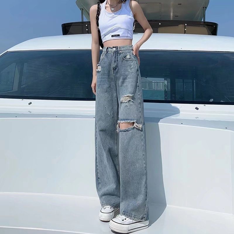High Waist Straight Ripped Jeans Summer Thin 2022 New Loose Draped Wide Leg Floor-Length Pants For Women_mkmklike.com